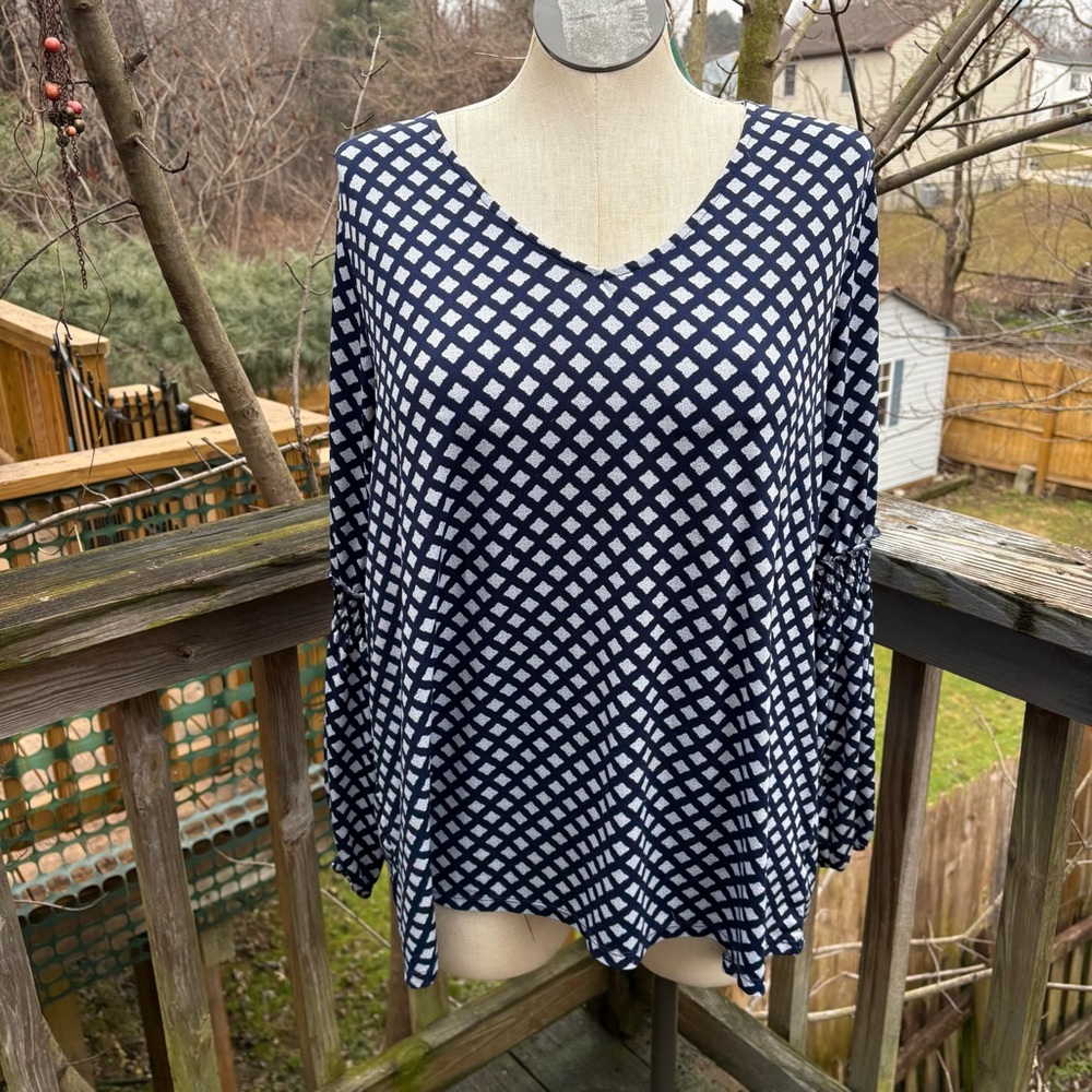 Como Blu Navy White Geometric Print Blouse Women’s Plus Size 2X